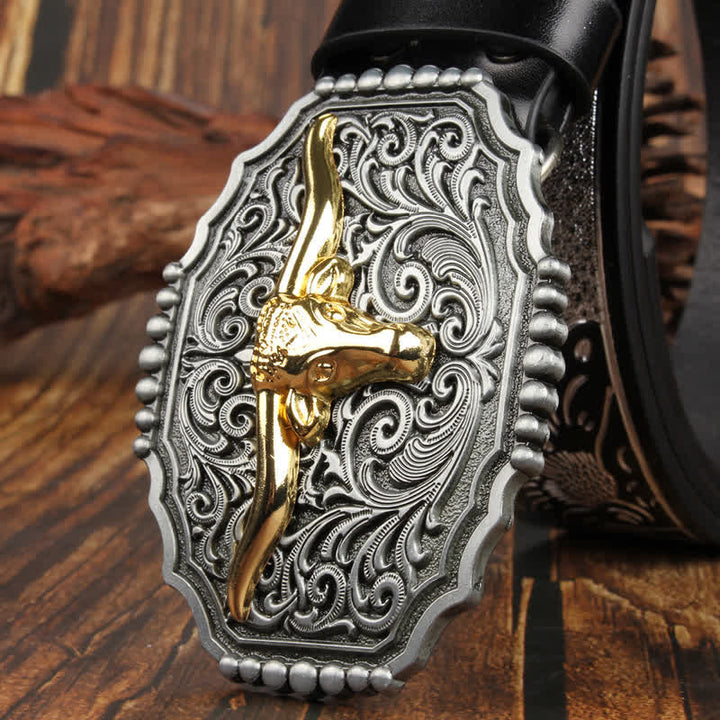 Weatern Gold Longhorn Bull Head Bunter Ledergürtel