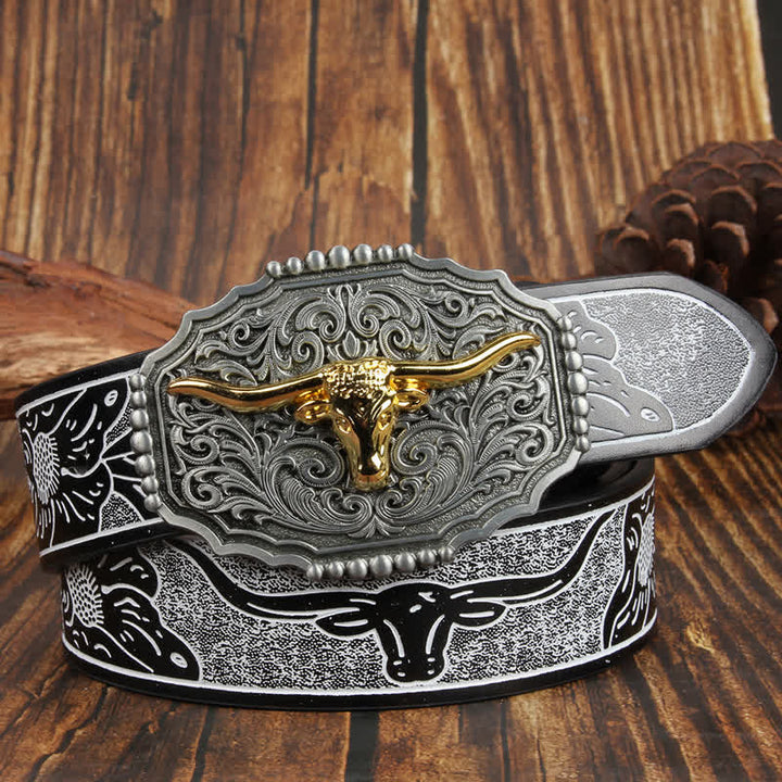 Weatern Gold Longhorn Bull Head Bunter Ledergürtel