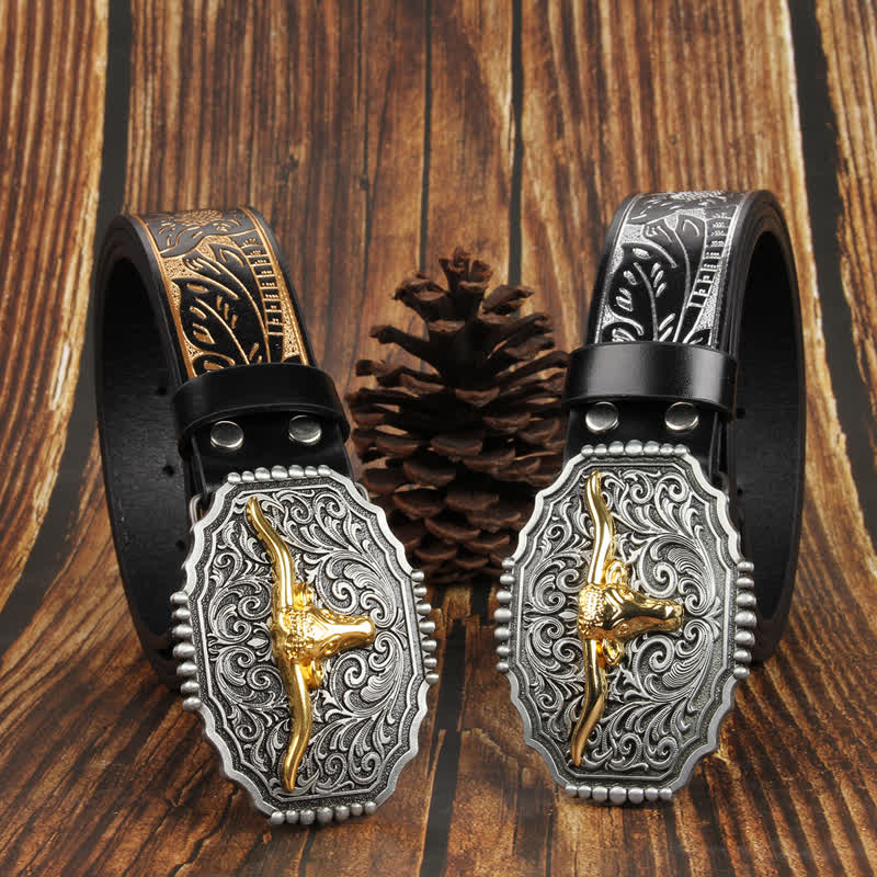 Weatern Gold Longhorn Bull Head Bunter Ledergürtel