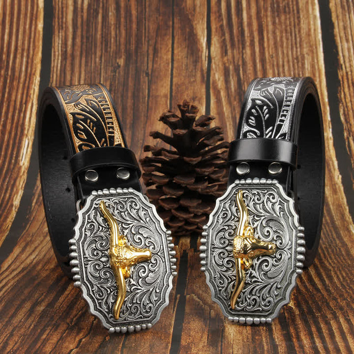 Weatern Gold Longhorn Bull Head Bunter Ledergürtel