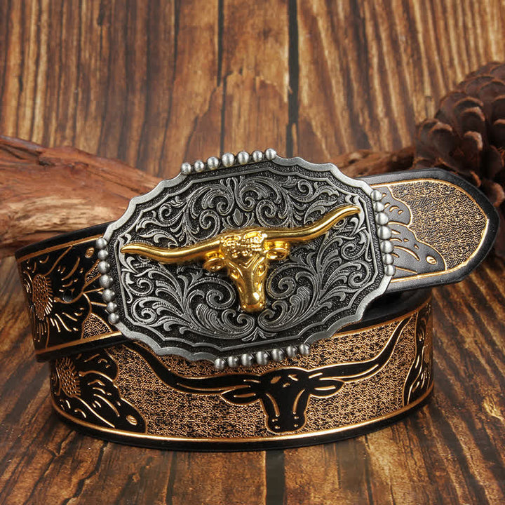 Weatern Gold Longhorn Bull Head Bunter Ledergürtel