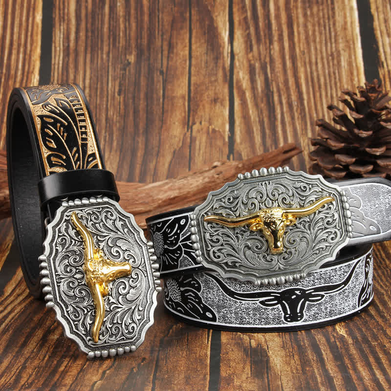 Weatern Gold Longhorn Bull Head Bunter Ledergürtel