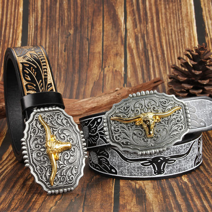 Weatern Gold Longhorn Bull Head Bunter Ledergürtel