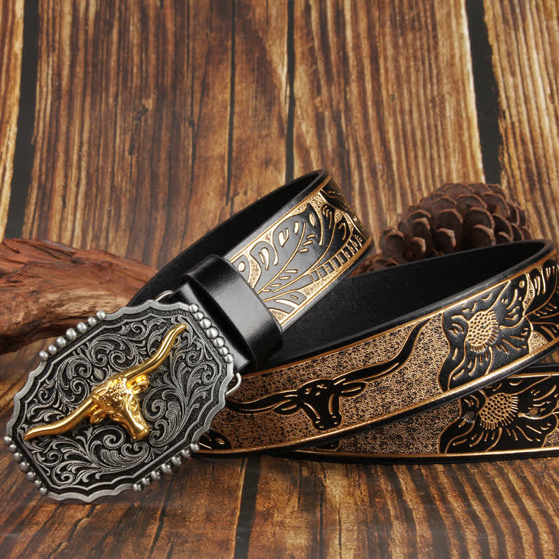 Weatern Gold Longhorn Bull Head Bunter Ledergürtel