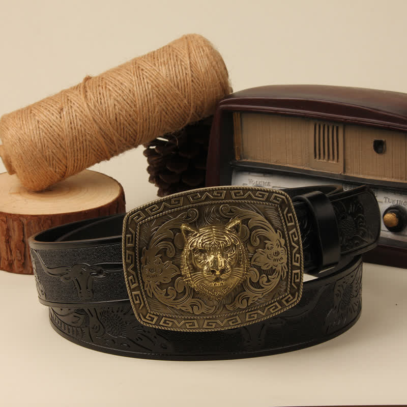 Herrengürtel aus Leder mit Tigerkopf-Schnalle und geschnitzter Blumenschnalle
