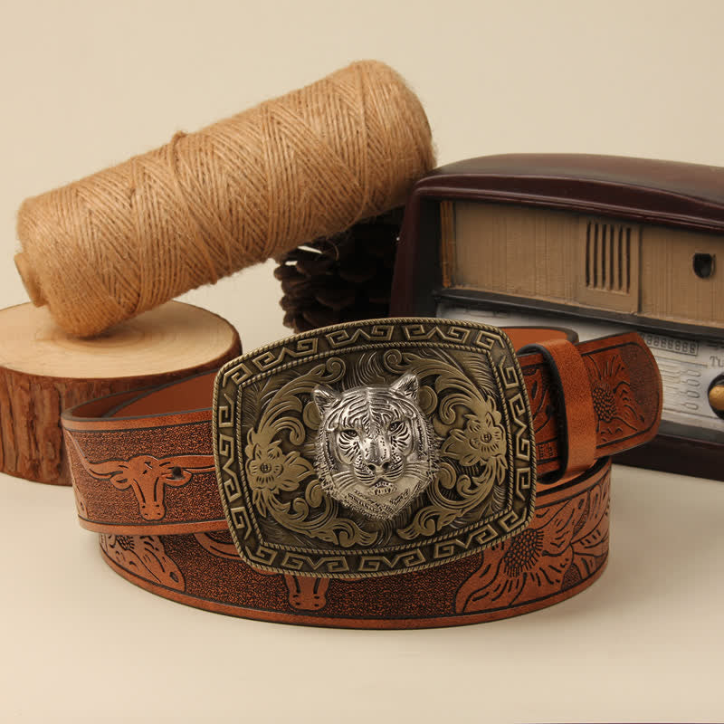 Herrengürtel aus Leder mit Tigerkopf-Schnalle und geschnitzter Blumenschnalle