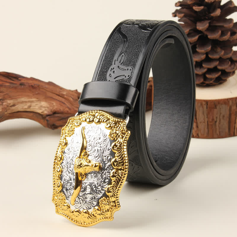 Ledergürtel im Western-Stil mit Bullenschnalle in Gold und Silber