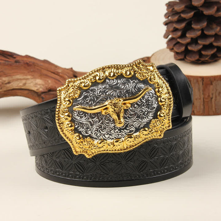 Ledergürtel im Western-Stil mit Bullenschnalle in Gold und Silber