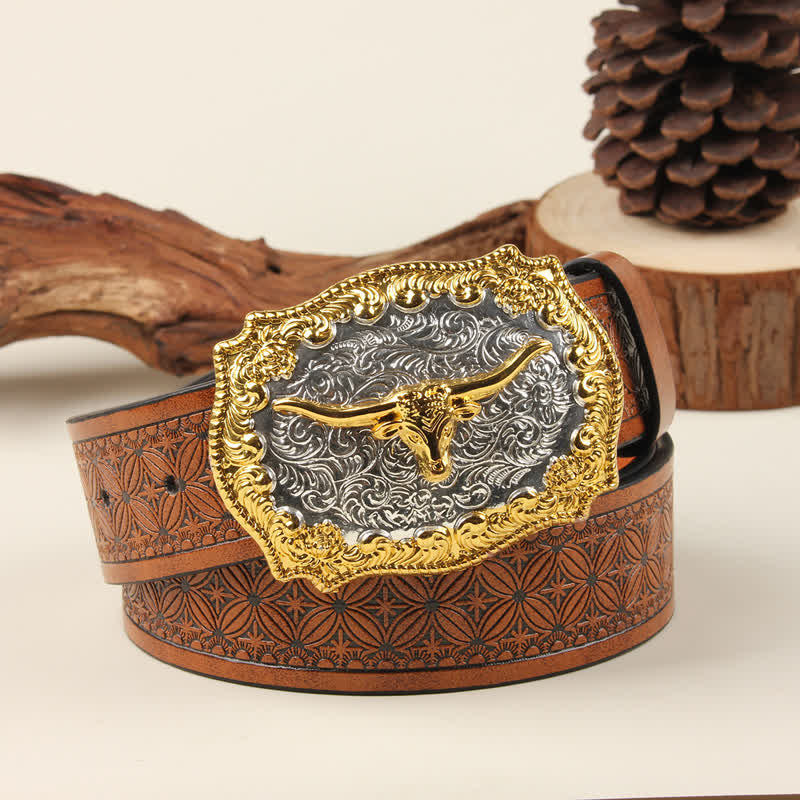 Ledergürtel im Western-Stil mit Bullenschnalle in Gold und Silber