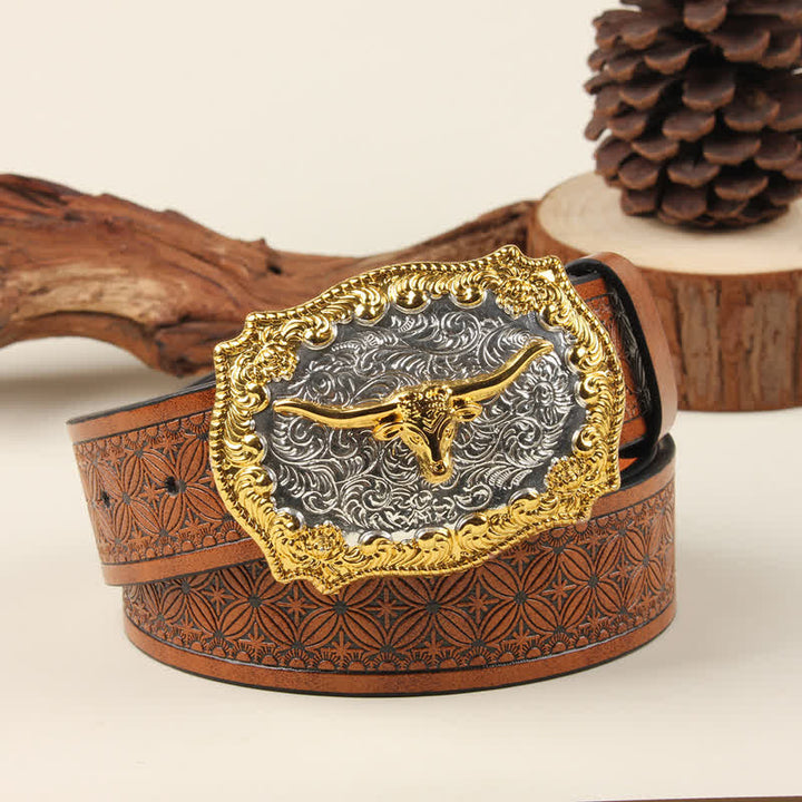 Ledergürtel im Western-Stil mit Bullenschnalle in Gold und Silber