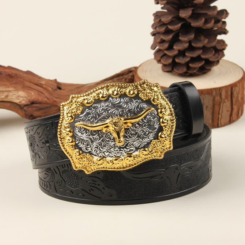 Ledergürtel im Western-Stil mit Bullenschnalle in Gold und Silber