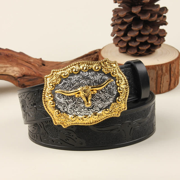 Ledergürtel im Western-Stil mit Bullenschnalle in Gold und Silber