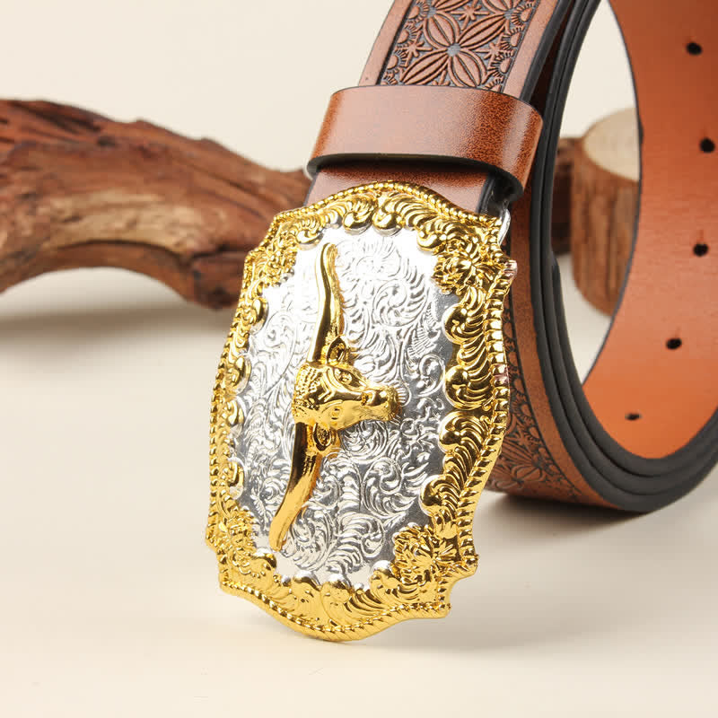 Ledergürtel im Western-Stil mit Bullenschnalle in Gold und Silber