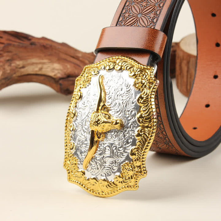 Ledergürtel im Western-Stil mit Bullenschnalle in Gold und Silber
