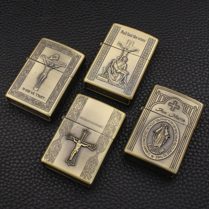 Bronzenes Jesuskreuz-Relief-Handwerk, nachfüllbares Kerosinfeuerzeug