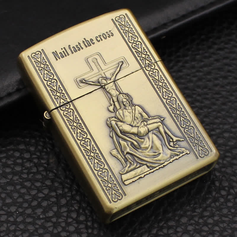 Bronzenes Jesuskreuz-Relief-Handwerk, nachfüllbares Kerosinfeuerzeug