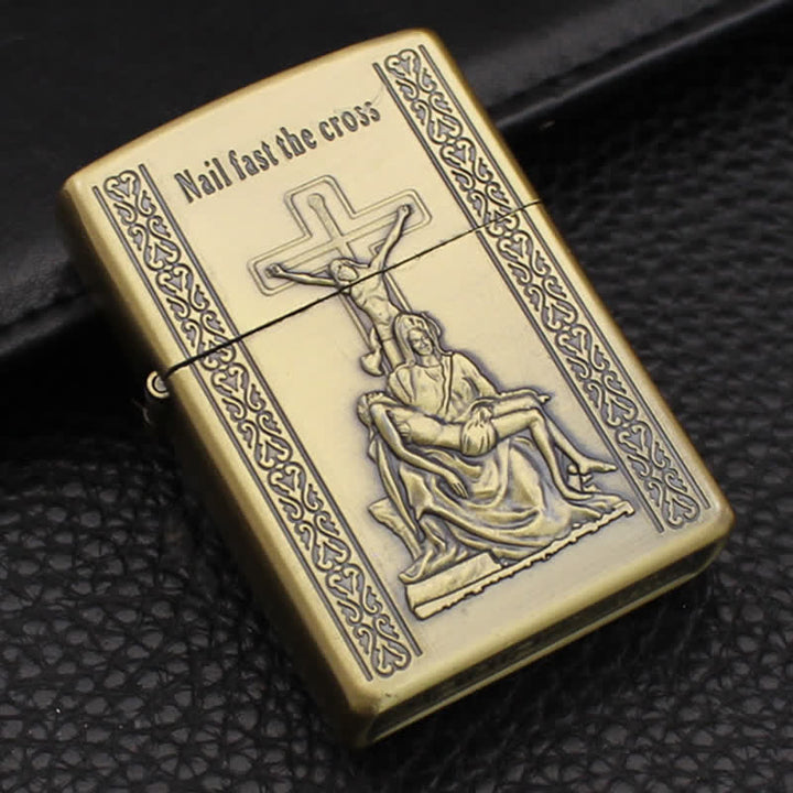 Bronzenes Jesuskreuz-Relief-Handwerk, nachfüllbares Kerosinfeuerzeug