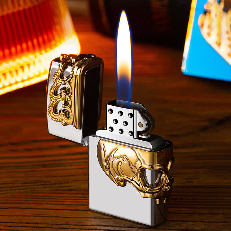 Nachfüllbares Butanfeuerzeug mit 3D-Relief, Totenkopf und Krone auf drei Seiten