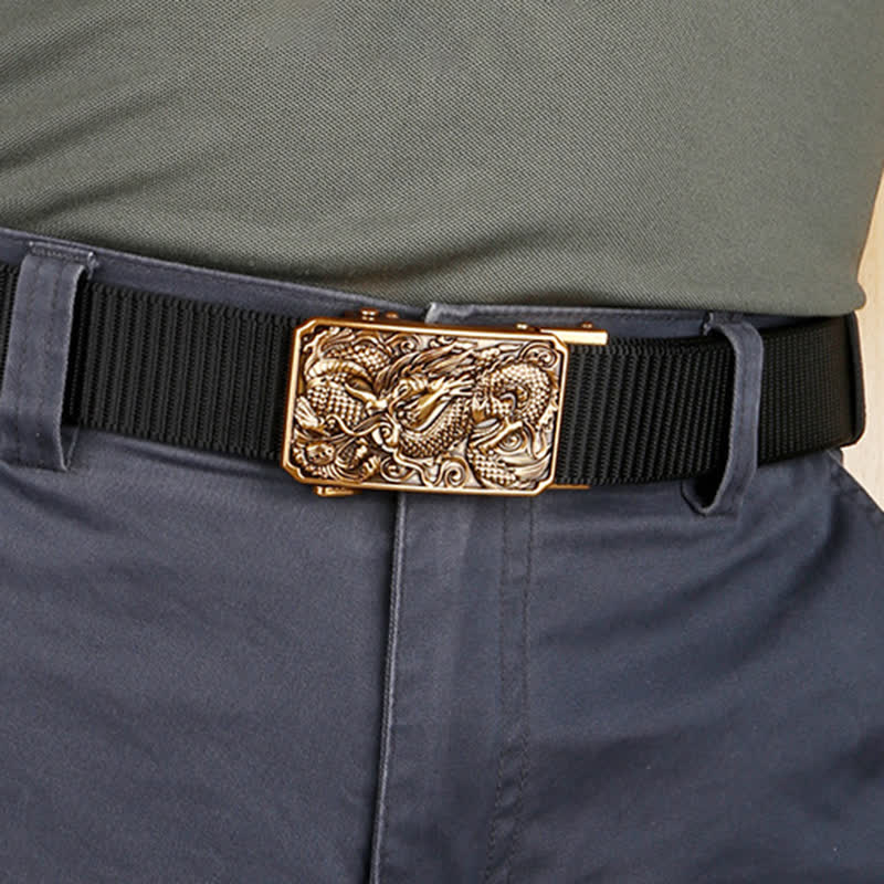Goldfarbener Nylongürtel für Herren mit automatischer Schnalle und Drachenmotiv