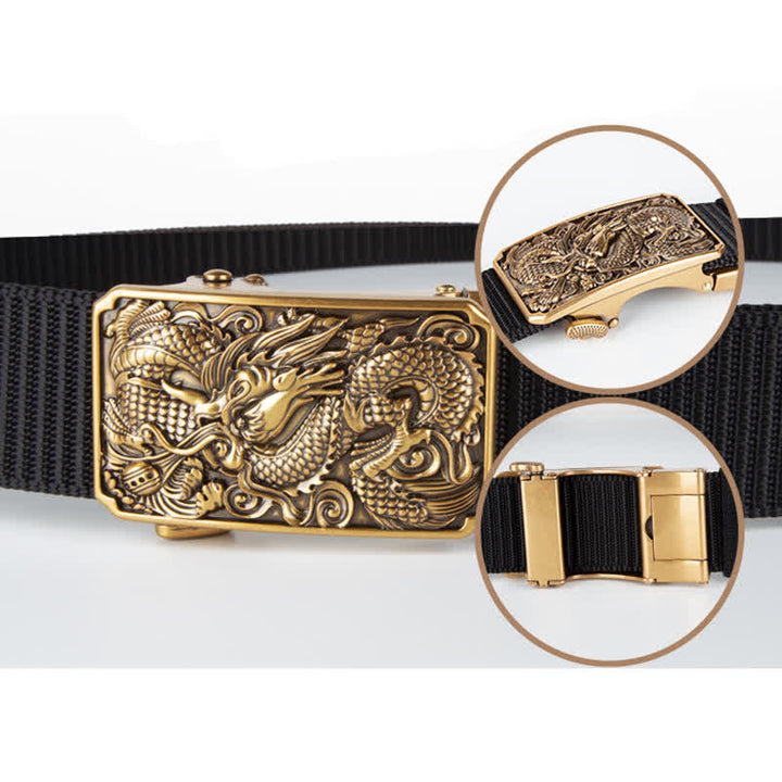 Goldfarbener Nylongürtel für Herren mit automatischer Schnalle und Drachenmotiv