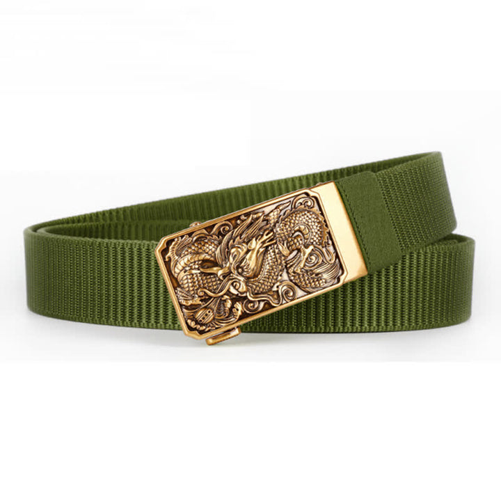 Goldfarbener Nylongürtel für Herren mit automatischer Schnalle und Drachenmotiv