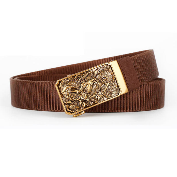 Goldfarbener Nylongürtel für Herren mit automatischer Schnalle und Drachenmotiv