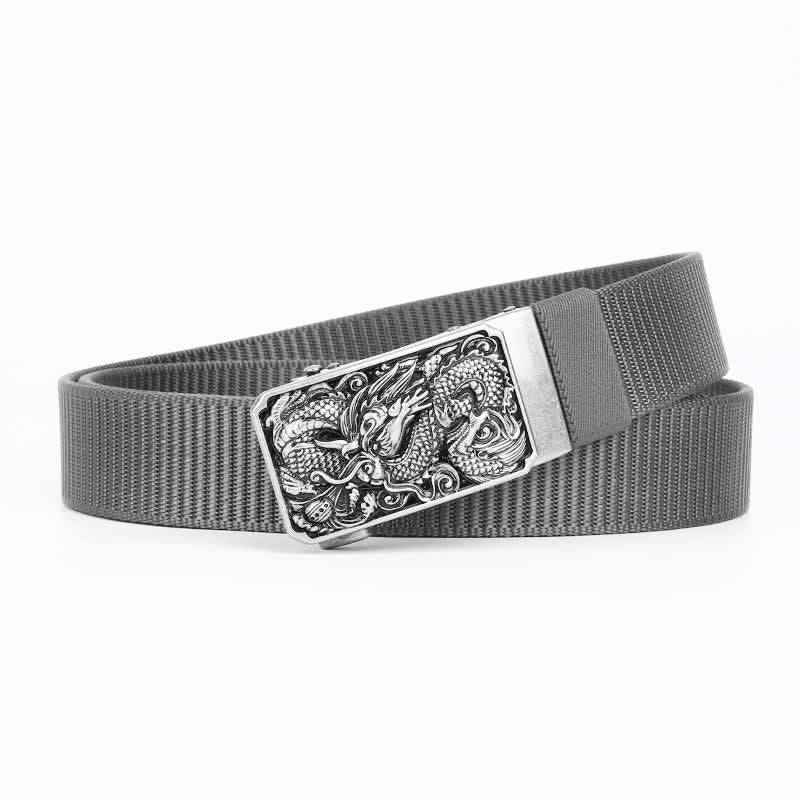 Silberner Nylongürtel für Herren mit automatischer Schnalle und Drachenmotiv