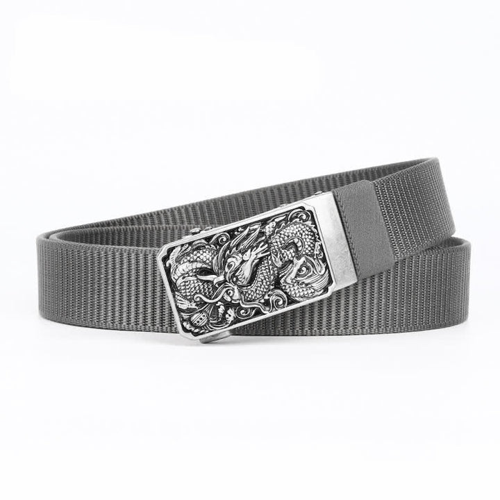 Silberner Nylongürtel für Herren mit automatischer Schnalle und Drachenmotiv