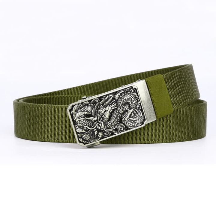 Silberner Nylongürtel für Herren mit automatischer Schnalle und Drachenmotiv
