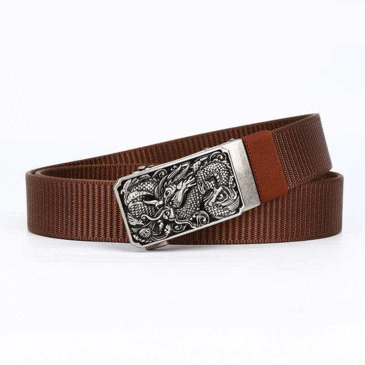 Silberner Nylongürtel für Herren mit automatischer Schnalle und Drachenmotiv