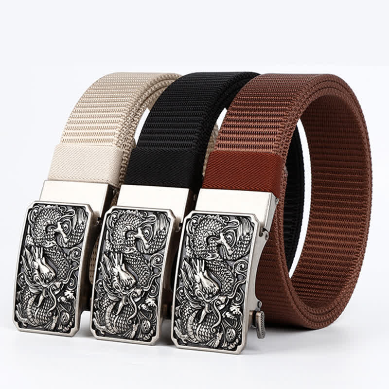 Silberner Nylongürtel für Herren mit automatischer Schnalle und Drachenmotiv