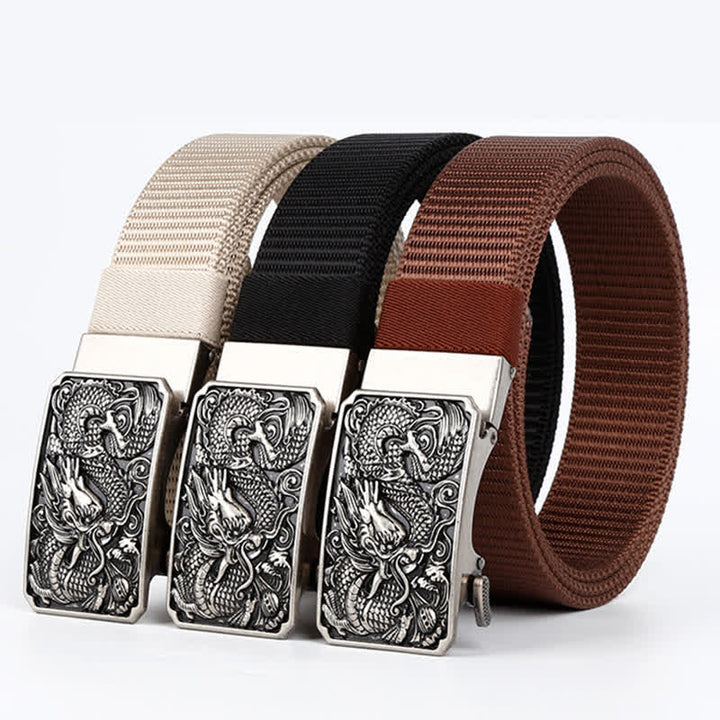 Silberner Nylongürtel für Herren mit automatischer Schnalle und Drachenmotiv