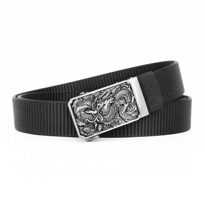 Silberner Nylongürtel für Herren mit automatischer Schnalle und Drachenmotiv