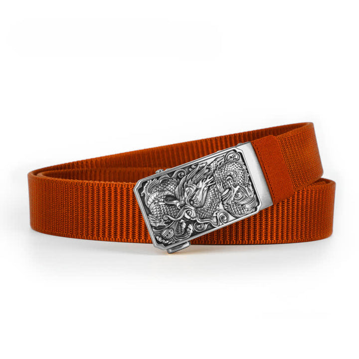 Silberner Nylongürtel für Herren mit automatischer Schnalle und Drachenmotiv