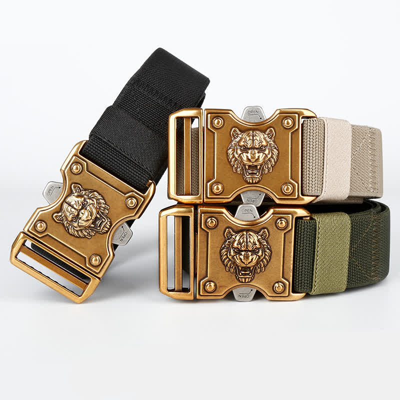 Goldfarbener Nylongürtel mit Tiger-Motiv und Doppelschlitz und Schnellverschluss für Herren
