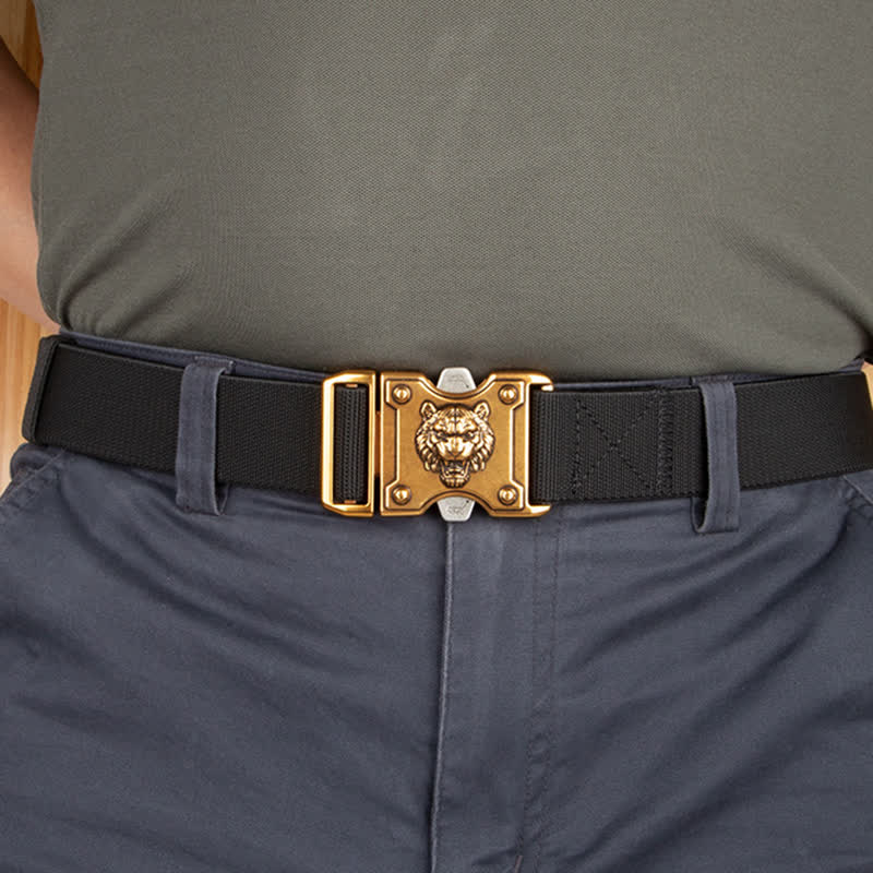 Goldfarbener Nylongürtel mit Tiger-Motiv und Doppelschlitz und Schnellverschluss für Herren