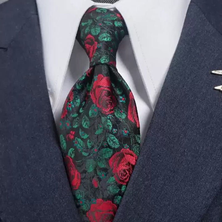 Fliege mit grünem Blätter- und rotem Rosen-Print für Herren