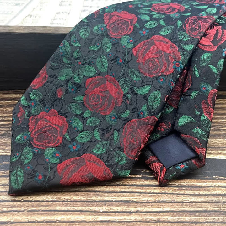 Fliege mit grünem Blätter- und rotem Rosen-Print für Herren
