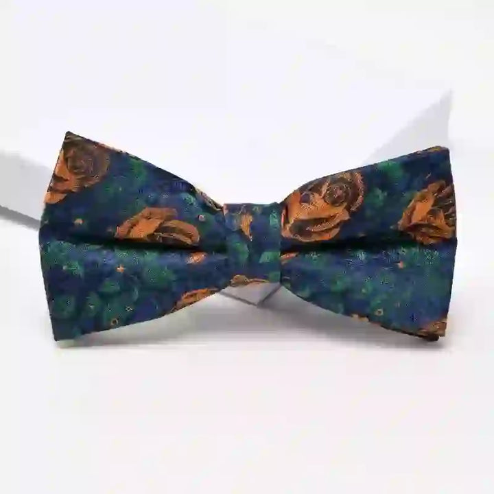 Fliege für Herren mit Blumenmuster in Marineblau und Orange mit Rosenmuster