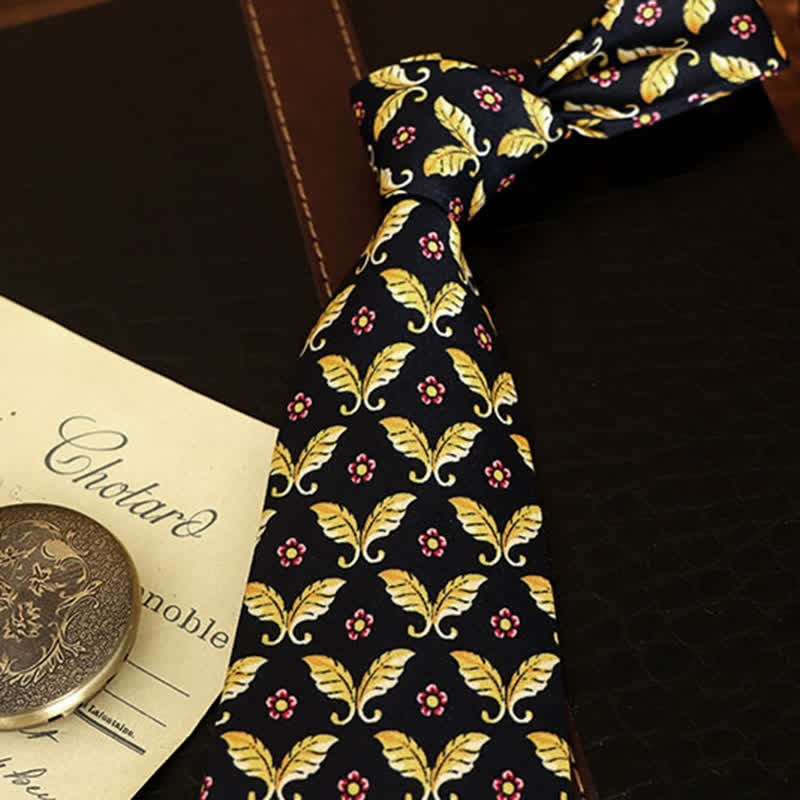 Krawatte für Herren mit roten Blumen und goldenen Schmetterlingsmotiven, dunkelblau