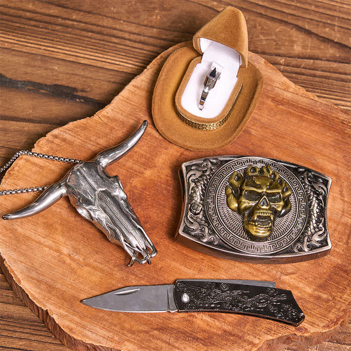 Gold Totenkopf DIY Verstecktes Messer Gürtelschnalle Bull Anhänger Taktischer Ring Bundle Set