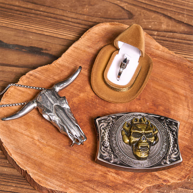 Gold Totenkopf DIY Verstecktes Messer Gürtelschnalle Bull Anhänger Taktischer Ring Bundle Set