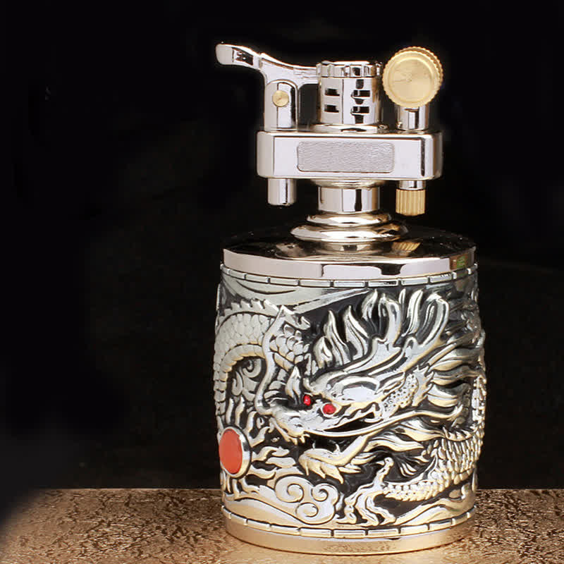 Zylindrisches, nachfüllbares Kerosinfeuerzeug „Flying Dragon“ im Retro-Stil