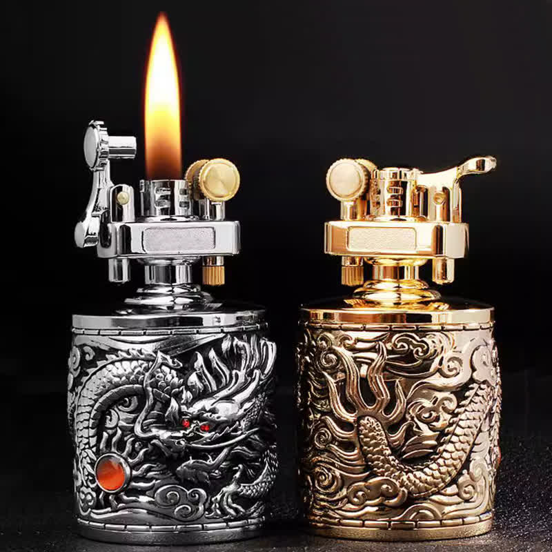Zylindrisches, nachfüllbares Kerosinfeuerzeug „Flying Dragon“ im Retro-Stil