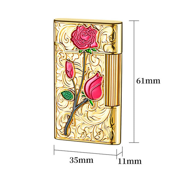 Nachfüllbares Butanfeuerzeug mit seitlichem Schieber und Feuerstein in Gold/Rot/Rose