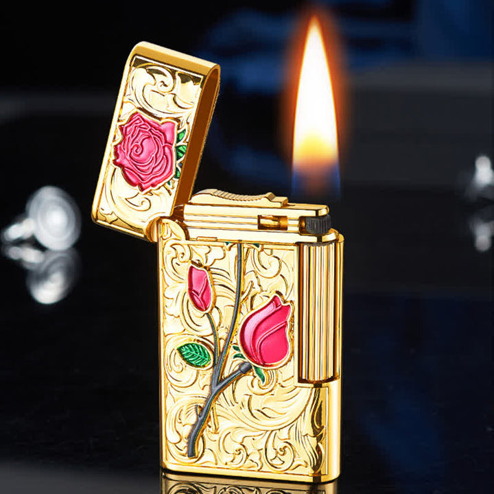 Nachfüllbares Butanfeuerzeug mit seitlichem Schieber und Feuerstein in Gold/Rot/Rose