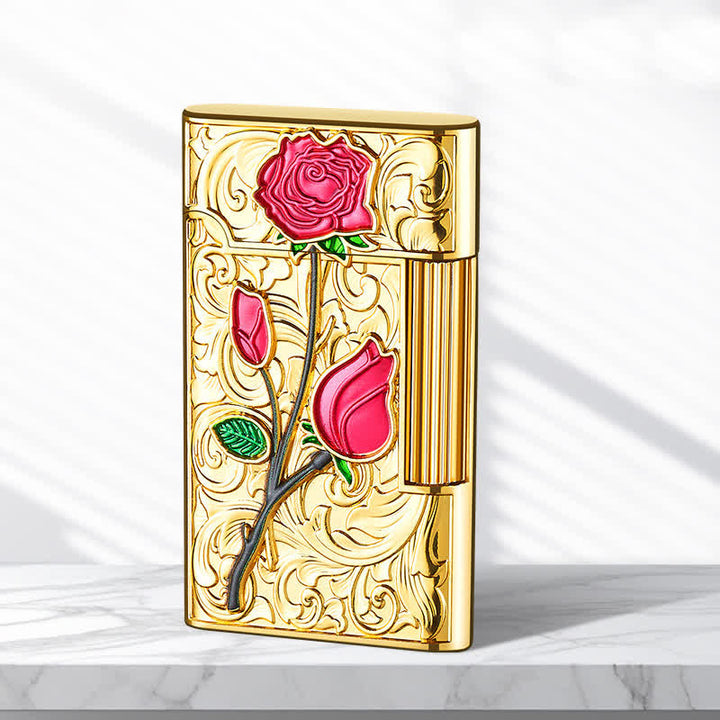 Nachfüllbares Butanfeuerzeug mit seitlichem Schieber und Feuerstein in Gold/Rot/Rose