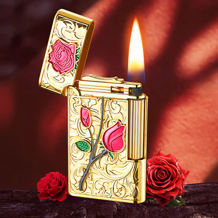 Nachfüllbares Butanfeuerzeug mit seitlichem Schieber und Feuerstein in Gold/Rot/Rose