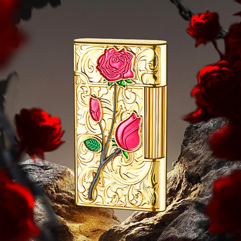 Nachfüllbares Butanfeuerzeug mit seitlichem Schieber und Feuerstein in Gold/Rot/Rose