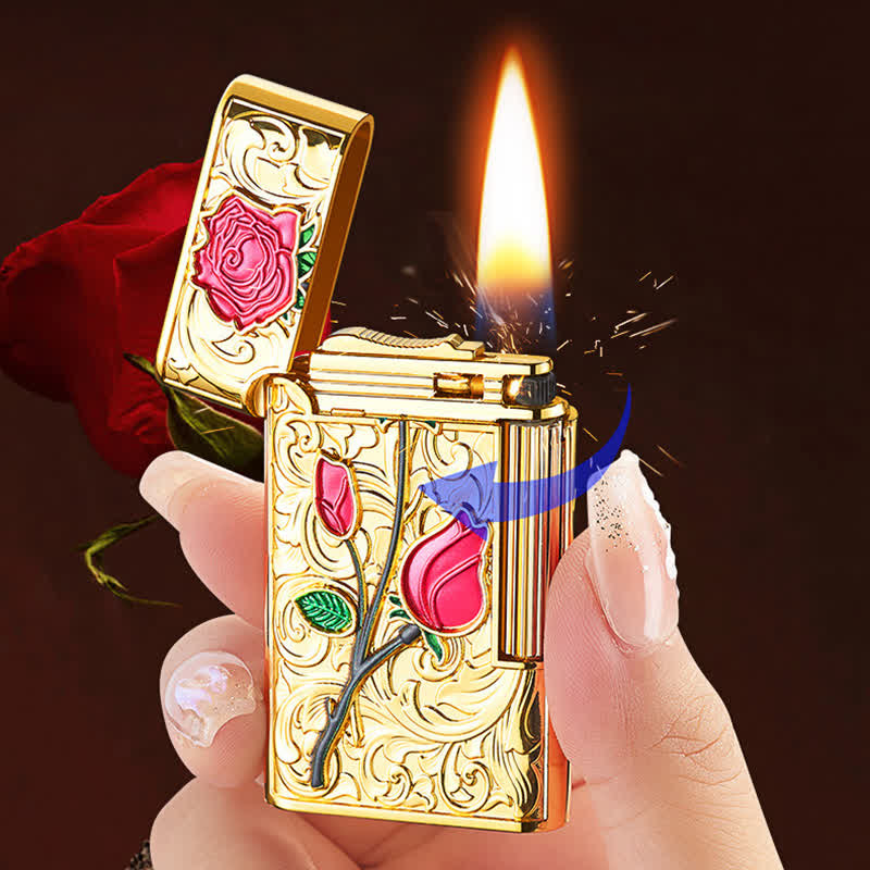 Nachfüllbares Butanfeuerzeug mit seitlichem Schieber und Feuerstein in Gold/Rot/Rose